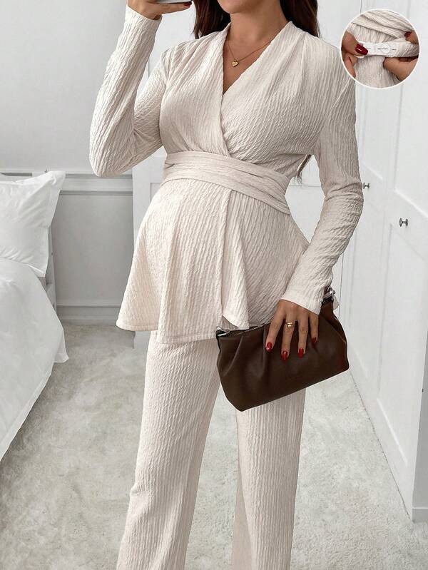 SHEIN 2 Stücke Umstandsmode Lässig Pendler Einfarbiges Hemd und Hose Set