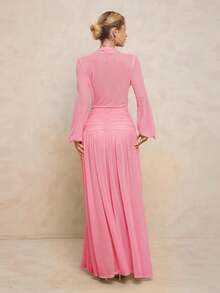 Lumalex 女式超长连衣裙，搭配紧身裤、透视 V 领、泡泡袖、褶饰系带、可拆卸金属扣和超大裙摆 - 粉色 - 查看 3