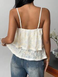 SHEIN Frenchy Women's Elegant Embroidered Lace Camisole,White Floral Double-Layered Ruffle Puffy Hem Top,Cream Summer Casual Vacation Top Suitable For All Seasons - Apricot - View 4
