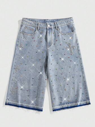 Street Life Jeans décontractés à jambe large avec déchirures et décoration de strass colorés pour hommes, longueur 7/8