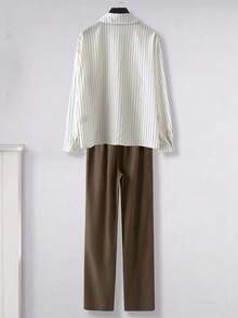GlowEve Women's Woven Striped Casual Commuting Autumn Two Pieces Set - Coffee Brown - View 2