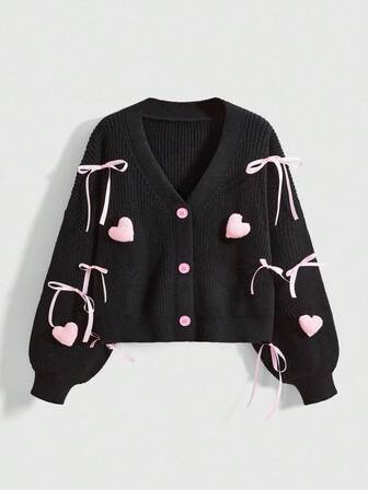 Kawaii Cardigan tricoté avec décoration de ruban en forme de cœur, grande taille, automne/hiver