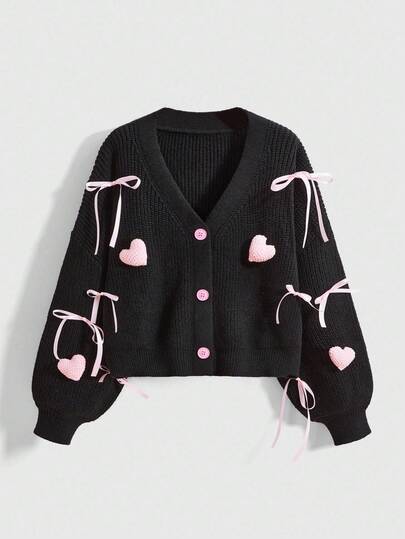 Kawaii Cardigan lavorato a maglia con decorazione a fiocco a forma di cuore, taglia comoda, adatto per autunno/inverno