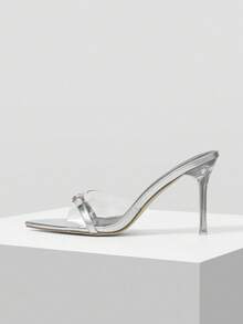 Mnmlis Sandalias de tacón alto transparente con punta puntiaguda y hebilla para mujer - Plateado - Ver 6