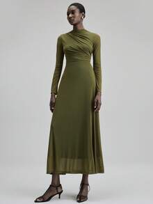 Ontre Đầm dài nữ Xuân/Hè 2026SS, thiết kế tối giản cao cấp, đa năng cho mặc hàng ngày, màu xanh quân đội, chất liệu vải dệt kim mềm mại, cổ đứng, dáng ôm, đầm dài nữ, phong cách công sở, đi làm, mặc hàng ngày, kiểu Hàn Quốc, thiết kế phù hợp cho thời tiết 5-15°C, thích hợp cho kỳ nghỉ, tiệc tùng, đám cưới, trang phục công sở nữ, đầm dài nữ màu trơn đa năng bán chạy nhất. - xanh quân đội - Xem 6