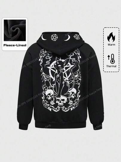 Goth Plus Size Women Cat Skull Print Long Sleeve Casual Zip Front Drawstring Hoodie Sweatshirt