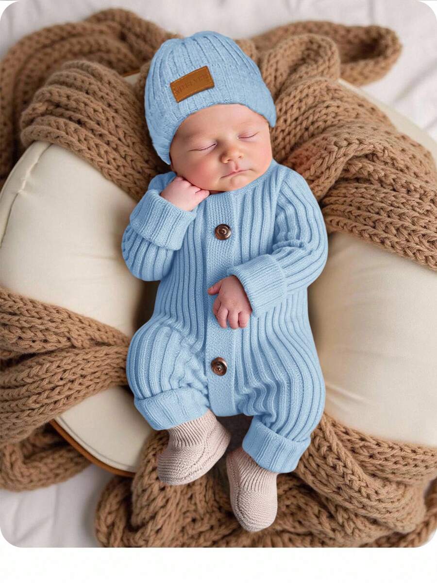 SHEIN 新生女婴可爱秋冬百搭针织连脚裤和帽子套装 - 藍色 - 查看 1