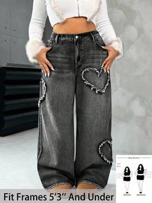 SHEIN PETITE CURVE 大码女式心形磨边复古蓝色宽松牛仔裤 - 黑色 - 查看 1