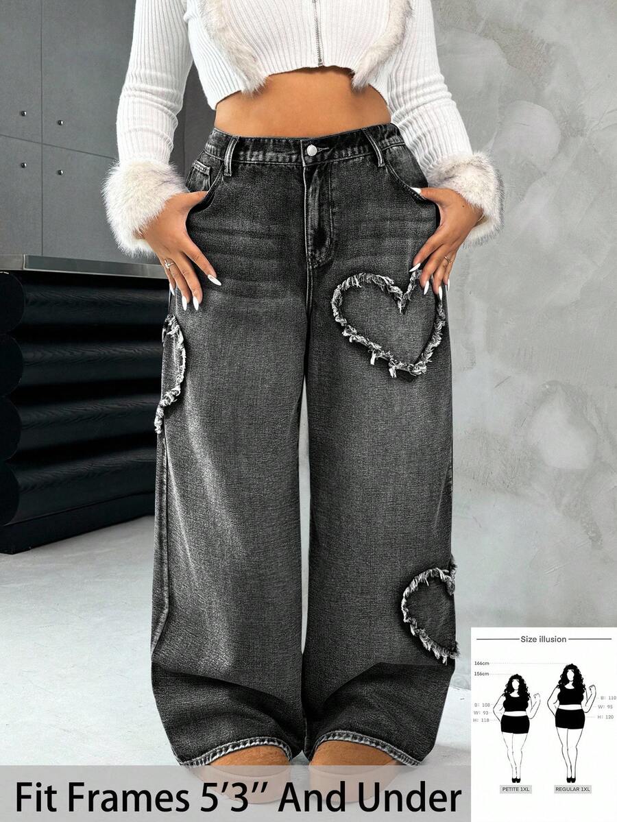 SHEIN PETITE CURVE 大码女式心形磨边复古蓝色宽松牛仔裤 - 黑色 - 查看 1