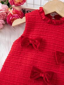 Elegant & Cute Babygirl Bow Knit Sleeveless Dress, Red - Red - View 4