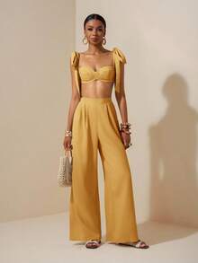 Zivah Beach New Spring And Summer Casual Holiday Bowknot Shoulder Straps Chest-Wrapped Heart Collar Cropped Top + Wide-Leg Super Trousers Apricot Women's Two Pieces Se,Textured Fabric Material
