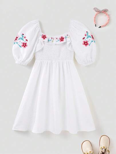 Joliand Joliand 1 chiếc váy dài tay màu trắng thanh lịch, sang trọng, trang trí thêu cho kỳ nghỉ dành cho bé gái tuổi teen, thích hợp mặc hàng ngày, du lịch, tụ tập, tiệc tùng, mùa hè