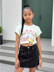Joliand Joliand 1pc Tween Girls Elegant Urban Cute Floral & Text Graphic Short Sleeve Casual T-Shirt, Suitable For Casual Everyday, Outings, Gatherings, Parties And Summers - White - View 1