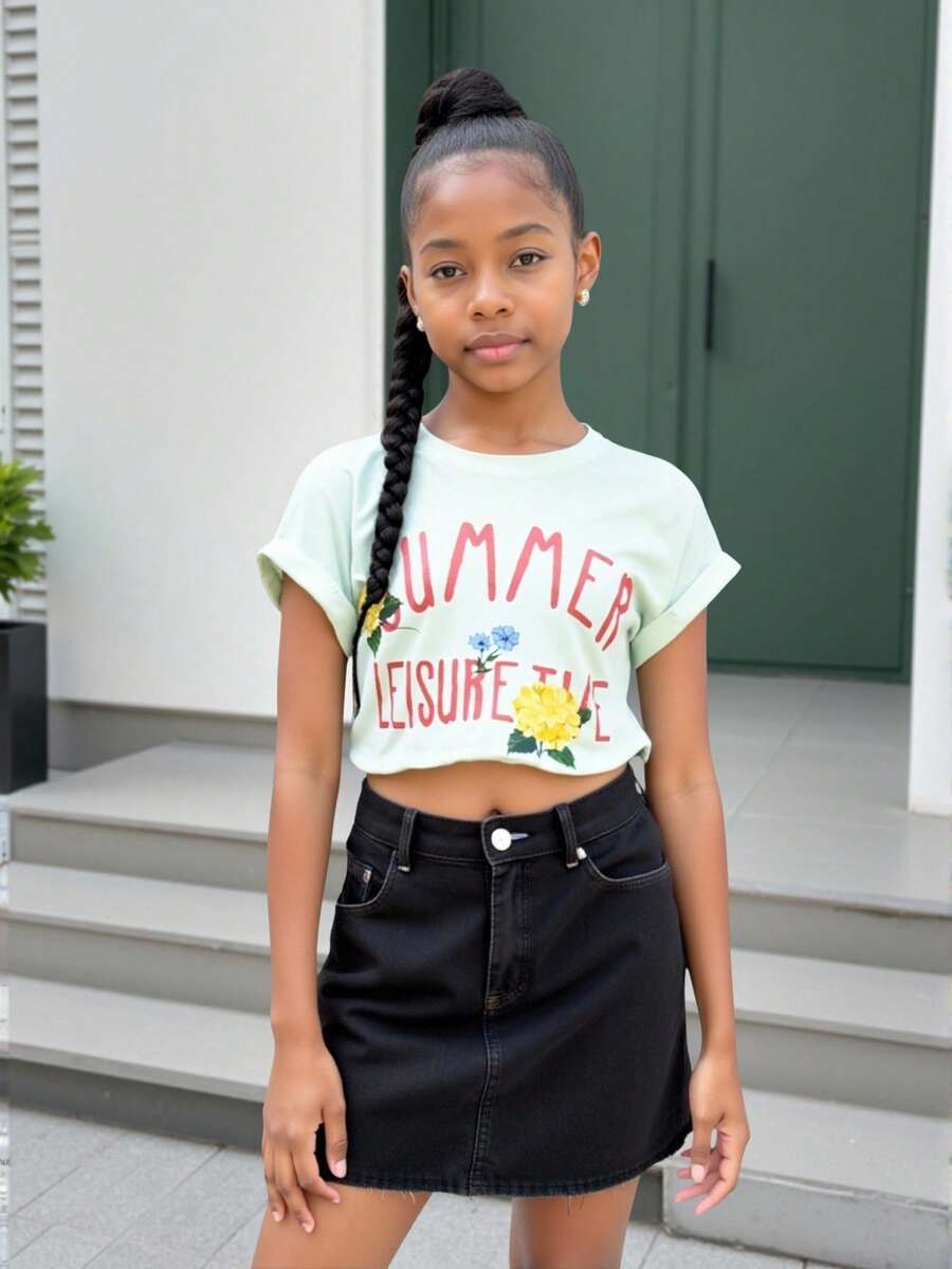 Joliand Joliand 1pc Tween Girls Elegant Urban Cute Floral & Text Graphic Short Sleeve Casual T-Shirt, Suitable For Casual Everyday, Outings, Gatherings, Parties And Summers - White - View 1
