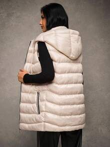 RueChic Women Solid Color Zippered Collar Hooded Vest, Winter Jacket - Apricot - View 2