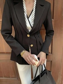 Briarwyn 女士纯色翻领长袖腰部修身优雅西装外套 - 黑色 - 查看 9