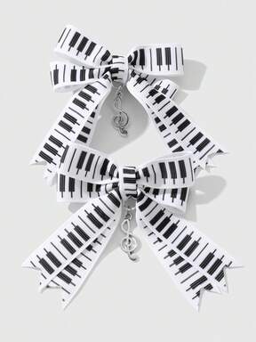 Kawaii 2pcs Minimalist Versatile Vintage Chic High-Quality Black & White Musical Note & Bowknot Pendant DIY Hair Clip, Side Clip Combo Set, Suitable For Women, Girls, Daily Wear, Holiday Gift