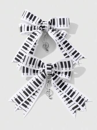 Kawaii 2 piezas Clip de pelo y clip lateral versátil y minimalista de alta calidad con nota musical y lazo en blanco y negro, estilo vintage y elegante, adecuado para mujeres, niñas, uso diario y regalo para fiestas