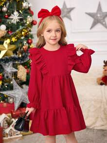 SHEIN Váy len tay bồng nhún bèo màu trơn cho bé gái - Đỏ - Xem 4