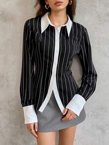 SHEIN Unity Women's Business Casual Contrast Striped Shirt - Black and White - View 1