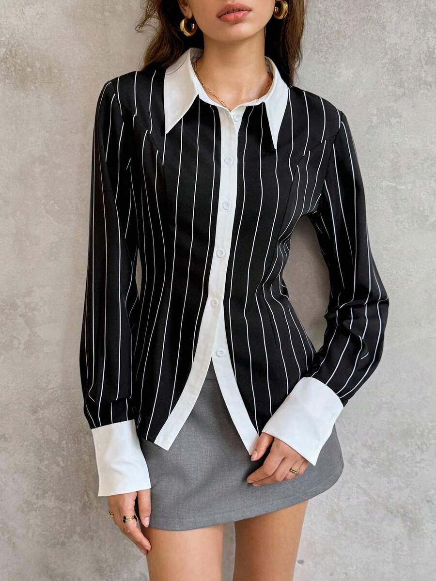 SHEIN Unity Women's Business Casual Contrast Striped Shirt - Black and White - View 1