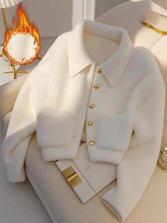 Franclia Chaqueta de forro polar con cuello de camisa, manga larga, bolsillo y decoración de botón dorado para mujer, para otoño/invierno
