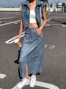 DAZY 女士单排扣短袖外套和口袋中长裙休闲两件套，秋冬款 - 淺色水洗藍 - 查看 5