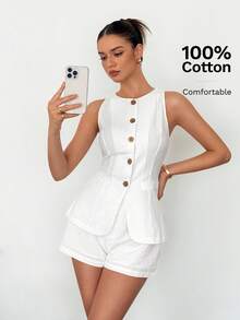 SHEIN Tall Conjunto de verano de estilo bohemio para mujer, modelo 2025 - Conjunto de traje de oficina de damas tejido blanco, Conjunto de dos piezas blanco, Mono blanco para mujer, Monos y petos blancos, Mono corto casual, Mono de lino para otoño/invierno
