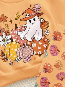 SHEIN 南瓜、叶花、可爱鬼魂图案柔软厚针织圆领长袖卫衣和紧身裤套装，适合秋冬外出、街头风格、居家、万圣节派对、女婴 - 彩色 - 查看 4