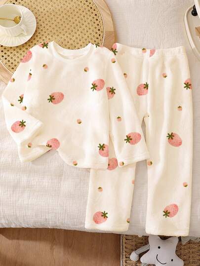 1set Baby Girls Watercolor Pink Strawberry Print Soft Plush Ribbed Collar Crew Neck Long Sleeve Top And Pants Pajama Set, Comfortable For Everyday Wear, Autumn/Winter  Snug Fit Tight Fit Pajamas Fall