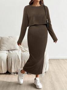 SHEIN Bộ đồ bà bầu 2 món gồm áo thun dài tay cổ tròn màu trơn và chân váy Bộ đồ bà bầu 2 món dệt kim 2 món màu nâu Bộ đồ 2 món váy cho nữ Bộ đồ 2 món có gân cho nữ - Cà phê nâu - Xem 4