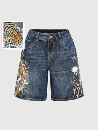 ROMWE Avant Jeans unisex a vita bassa, ampi e morbidi, con stile di strada retrò, ricamo di tigre e fiori cinesi