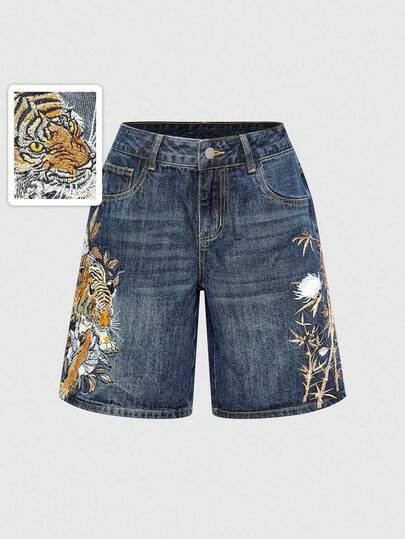 ROMWE Avant Unisex Retro Street-Style Chinese Tiger & Floral Embroidery Loose Wide-Leg Low Waist Jeans