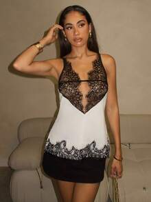 Glamine Women's Sexy Lace Patchwork Elegant Party Camisole, Autumn/Winter See Through Top Lace Top Lace Tank Lacy Top Lace Undershirt - Black and White - View 5