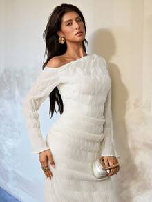 Rafferiza Women's Elegant Off-White Oblique Shoulder Long Sleeve Pleated Texture Dress,Autumn Brunch Outfit,Chic Professional Commuter Office Attire - Apricot - View 4