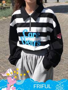 SHEIN X Care Bears FRIFUL Women's Loose Fit Polo Collar Letter Graphic Striped Long Sleeve Casual T-Shirt - Black and White - View 4