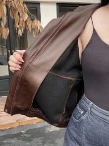 Dazy Plus 大码女式纯色PU皮革翻领宽松机车夹克，秋冬女式外套 - 棕色 - 查看 3