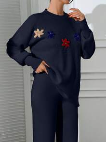 EURMUSE Cardigan Flower Detail Pullover Set Sweater Co-Ord +700 - Navy Blue - View 2