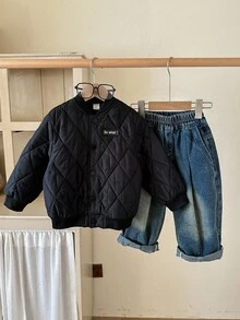 SHEIN Abrigo acolchado con botones de béisbol para niños pequeños - Negro - Ver 3