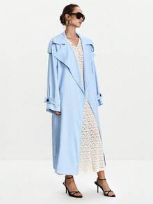 Lumivelle 女士时尚通勤系带腰部风衣浅蓝色风衣女士女士风衣蓝色风衣 - 淺藍色 - 查看 6