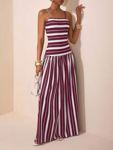 Zivah 2025 Sommer Neuankömmling Musikfestival, Ostern, St. Patrick's Day, Western, Nomadisch, Geburtstagsfest, Abschluss, College Stil, Studentenbekleidung, Alltags Lässig, Allround Vielseitig, Lässig, Kreuzfahrt Reise, Strand, Sonnenbaden, Viral, Streetwear ärmellose schwarz-weiß gestreifte Patchwork A-Linie gestrickt gewebtes Midi Kleid