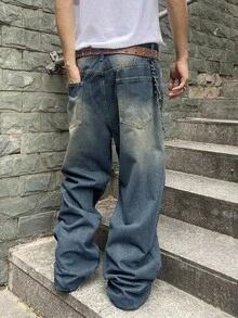 SHEIN 青少年男童街头风宽松口袋牛仔裤，Y2K风格水洗牛仔裤，秋冬款。 - 中等水洗藍 - 查看 2