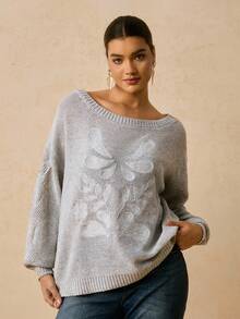 Travachic 大码休闲宽松露肩麻花针织毛衣，秋季保暖 - 淺灰色 - 查看 4