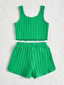SHEIN Teen Girl Solid Rib-Knit Lettuce Trim Tank Top & Shorts Set - Green - View 2