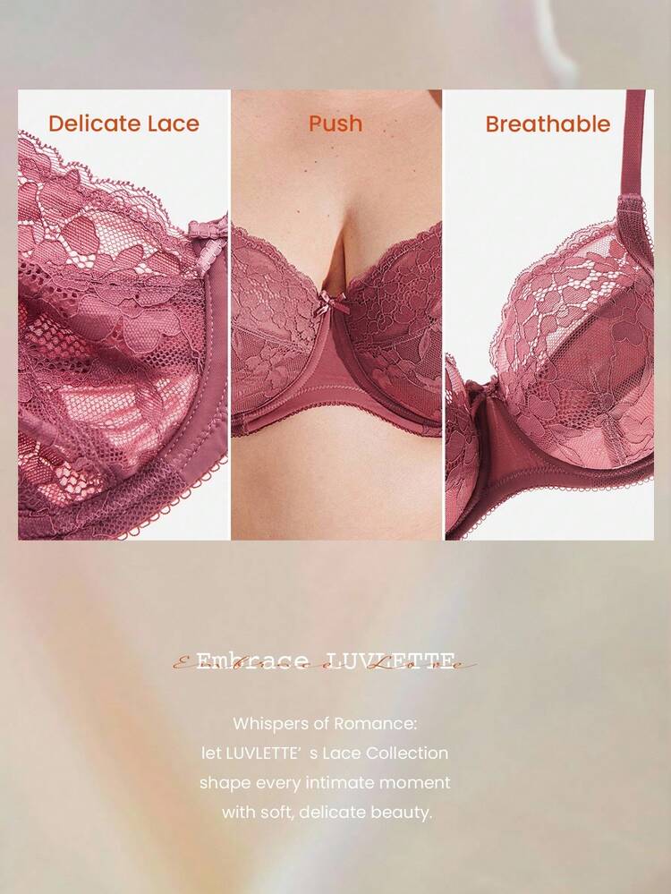 Reggiseno elegante in pizzo bordeaux, con copertura completa, per donna formosa, con supporto curvo e traspirante, con ferretto, senza imbottitura, minimizzatore, per intimità da sposa