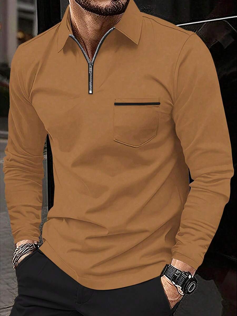 Manfinity Homme Men's Casual Commuter Long Sleeve Polo Shirt With Pockets, Autumn Men Zip Up Shirt Mens Casual Tops Brown Tops For Men Men Casual Long Sleeve Shirts Tan Shirts For Men