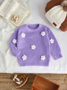 SHEIN Playful Pals 女童紫色碎花毛衣，可爱3D立体花朵设计，日常休闲百搭。紫色碎花毛衣，女童紫色毛衣，紫色毛衣，紫色毛衣，女童毛衣，女童秋季毛衣，女童冬季毛衣。 - 紫色 - 查看 7