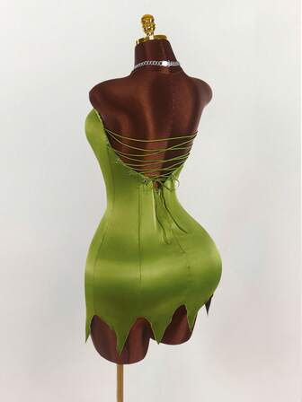 Amplova Y2K Amplova Party Dress Green Dress Halloween Costumes Halloween Fairy COS Strapless Backless Criss-Cross Strap Dress,Party Dresses For Women Lace Up Back Dress Green Satin Dress Fairy Core Dress,Dresses For Women Party