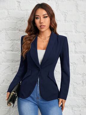 SHEIN PETITE Autumn And Winter Wear Suitable For Commuting, Green Fruit Collar Single-Button Blazer, Cozy Fall And Winter,Petite Women