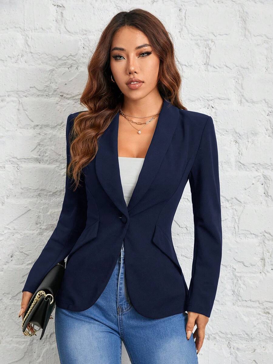 SHEIN PETITE Autumn And Winter Wear Suitable For Commuting. Green Fruit Collar Single-Button Black Suit Jacket,Cozy Fall And Winter Clothes For Women - Navy Blue - View 1